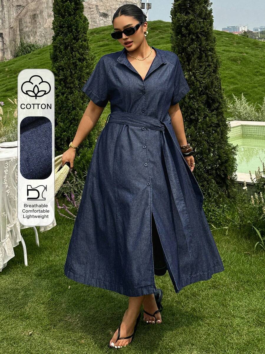 Dazy Plus Plus Size Women's Collared Cinched Waist Short Sleeve Denim Maxi Dress, Washed Deep Blue, Spring/Summer, Casual/Resort Style - Dark Wash - View 1