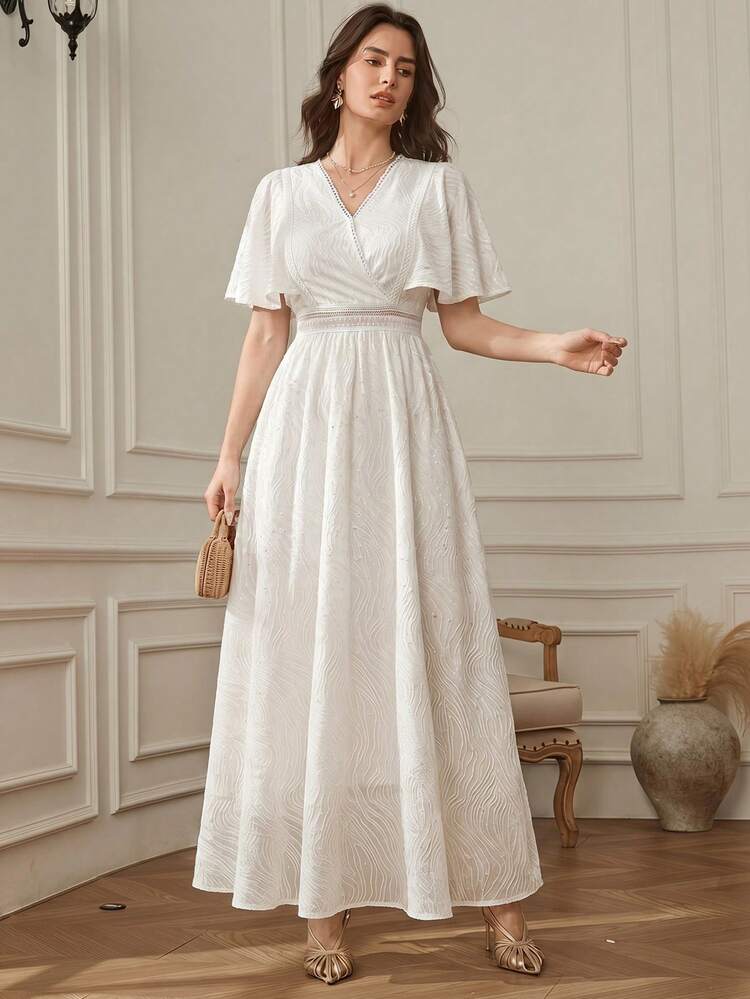 Spring & Summer Sequin Patchwork Dress, Elegant Formal Gown For Valentine's Day, Wedding, Party, Banquet, Shiny Floral Pattern White Background, Midi Length