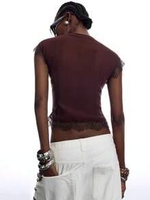LYSMO Blusa transparente con bordado de encaje y lazo asimétrico de moda para mujer - Café integral - Ver 2