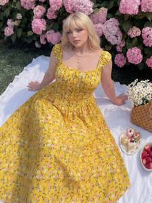 Lyrianda Vacation Countryside Ditsy Floral Spaghetti Strap Waist Cinched Dress - Yellow - View 7