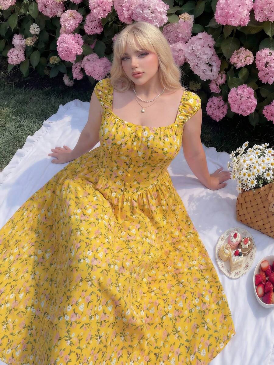 Lyrianda Vestido con tirantes finos y cintura ceñida con estampado floral diminuto de campo para vacaciones - Amarillo - Ver 1