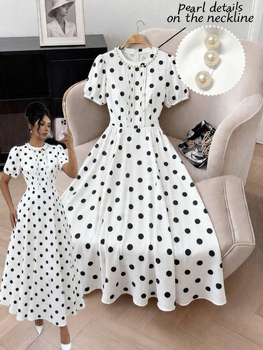 SHEIN Raffinéa Damen Frühlings- & Sommerkleid mit Champagnerfarbe, eleganter Rundhalsausschnitt, V-Ausschnitt, Perlenverzierung, plissierter Kurzarm Puffärmel, geeignet für den Berufsalltag und elegante Alltagskleidung - Schwarz und Weiss - Übersicht 1