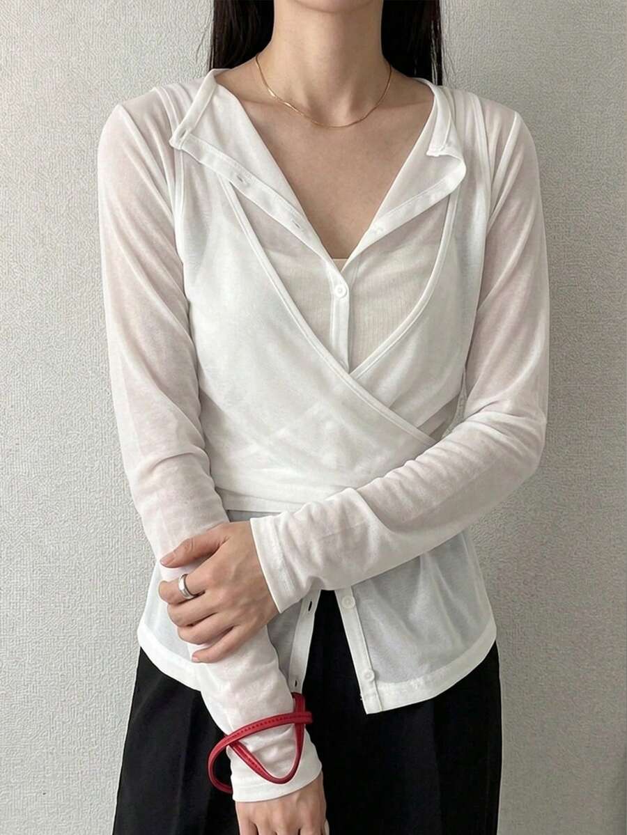 FRIFUL Women's Criss-Cross Strap Sheer Open Front Solid Color Top T-Shirt Office White Autumn Elegant Minimalist Long Sleeve - White - View 1