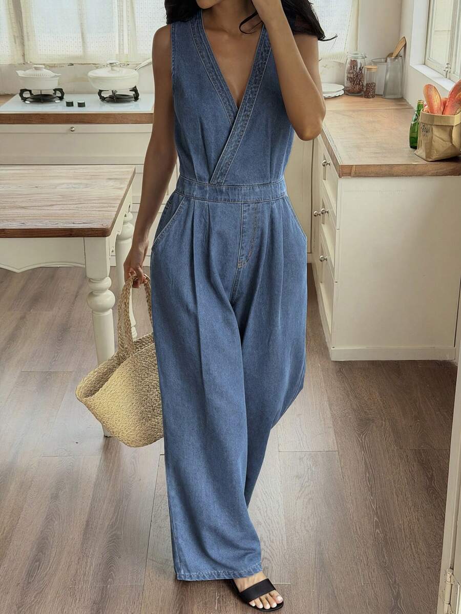 Dazy-Less Bộ jumpsuit denim không tay cổ chéo cổ bẻ dành cho nữ, thích hợp mặc hàng ngày, mùa hè, phong cách thường ngày. - Màu xanh lam - Xem 1