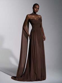 优雅浪漫时尚的弹力网纱无肩带礼服，饰有鱼骨纹，前开衩，荷叶边装饰，A字廓形，拖尾，无肩带飘逸设计，长款正式派对礼服，婚礼宾客礼服，蓝色长款连衣裙，伴娘礼服，正式晚礼服 - 咖啡棕 - 查看 1