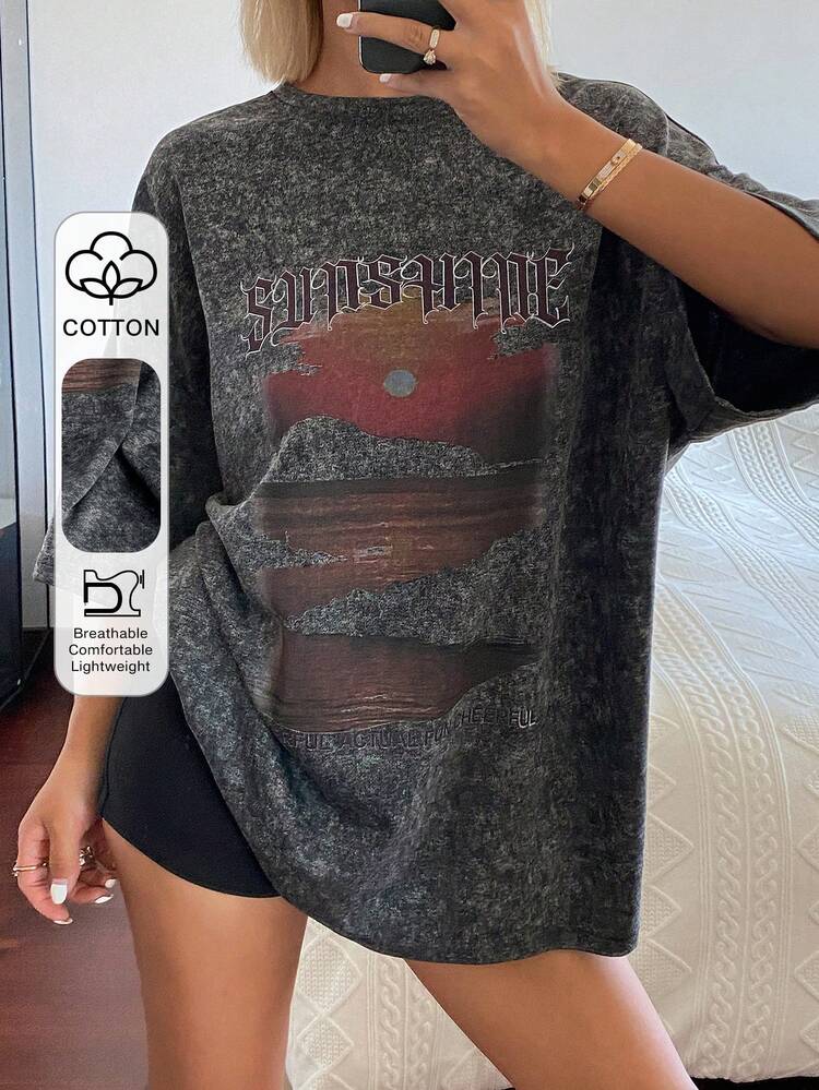 Women's Summer Round Neck Short Sleeve Loose Distressed Fabric Printed Pullover Casual T-Shirt Graphic Tees Women