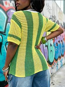 撞色条纹字母图案V领短袖毛衣 - 綠色 - 查看 2