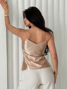 DAZY Women's Solid Color Spaghetti Strap Elegant Summer Vacation Camisole Top - Apricot - View 5