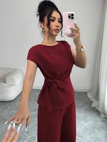 Elenzga Áo sơ mi nữ thanh lịch, màu xanh dương, xếp ly, eo điều chỉnh được, thắt nơ + Quần ống rộng, cạp cao, có túi, thanh lịch, phù hợp cho công sở - Màu Đỏ Sâu - Xem 5