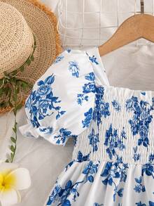 SHEIN Elladie kids 1件女童多巴胺度假碎花吊带连衣裙，可爱时尚沙滩裙，适合夏季外出和度假 - 藍白色 - 查看 2