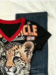Camiseta casual de mujer con cuello en V y manga corta con estampado de leopardo - Multicolor - Ver 4
