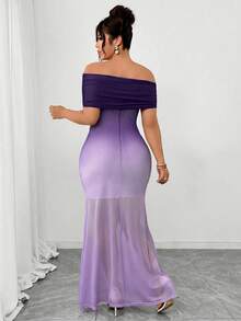 Elenzga Đầm maxi ôm sát trễ vai xếp ly dành cho nữ cỡ lớn, màu xanh lam và trắng ombre, chất liệu lưới xuyên thấu nhẹ nhàng, gợi cảm, thanh lịch, thích hợp cho tiệc trà chiều, tôn dáng, co giãn, thoải mái. - Màu tím - Xem 2