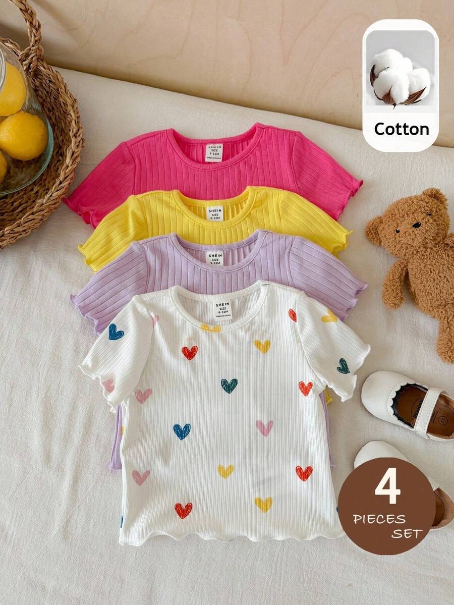 SHEIN 4pcs Baby Girl Solid Color Heart Pattern Knit T-Shirt Set - Multicolor - View 1