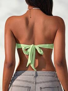 SHEIN Swim Mod Women's Solid Color Twist Ruched Bikini Top, Suitable For Summer Vacation And Beach - Green - View 2