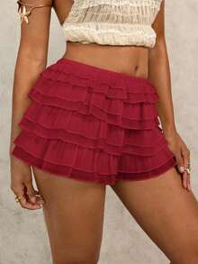 SHEIN Swim Women's Solid Color Ruffle Trim Coverup Skort Set Holiday Beach Vacation Holiday Burgundy Summer Boho Cute - Burgundy - View 5