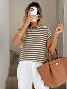 Easowa 圆领落肩休闲T恤，基础格子/条纹面料，优雅假日及街头风女装 - 彩色 - 查看 3