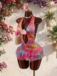 Amplova Bộ jumpsuit nữ họa tiết da báo cổ yếm hở lưng, viền gấu xếp tầng họa tiết da báo, họa tiết hoa phía trước, phong cách avant-garde gợi cảm, phù hợp cho kỳ nghỉ biển thời kỳ Y2K. - Hồng - Xem 5