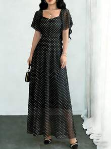 Modelyn Black Polka Dot Print Pleated Square Neck Puff Sleeve Design Dress, Waist Cinched Elegant Long Dress For Summer Vacation & Daily Wear - Multicolor - View 5