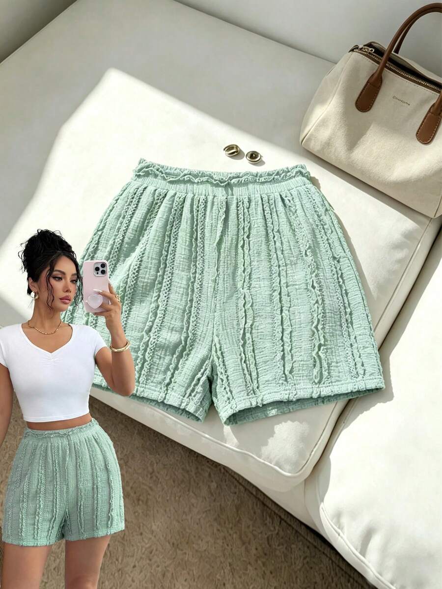 Elenzga Women's Summer Vacation Beach Casual Textured Fabric Shorts - Green - View 1