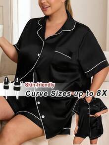 SHEIN CURVE+ 大码女装两件套：短袖衬衫和短裤 - 黑色 - 查看 1
