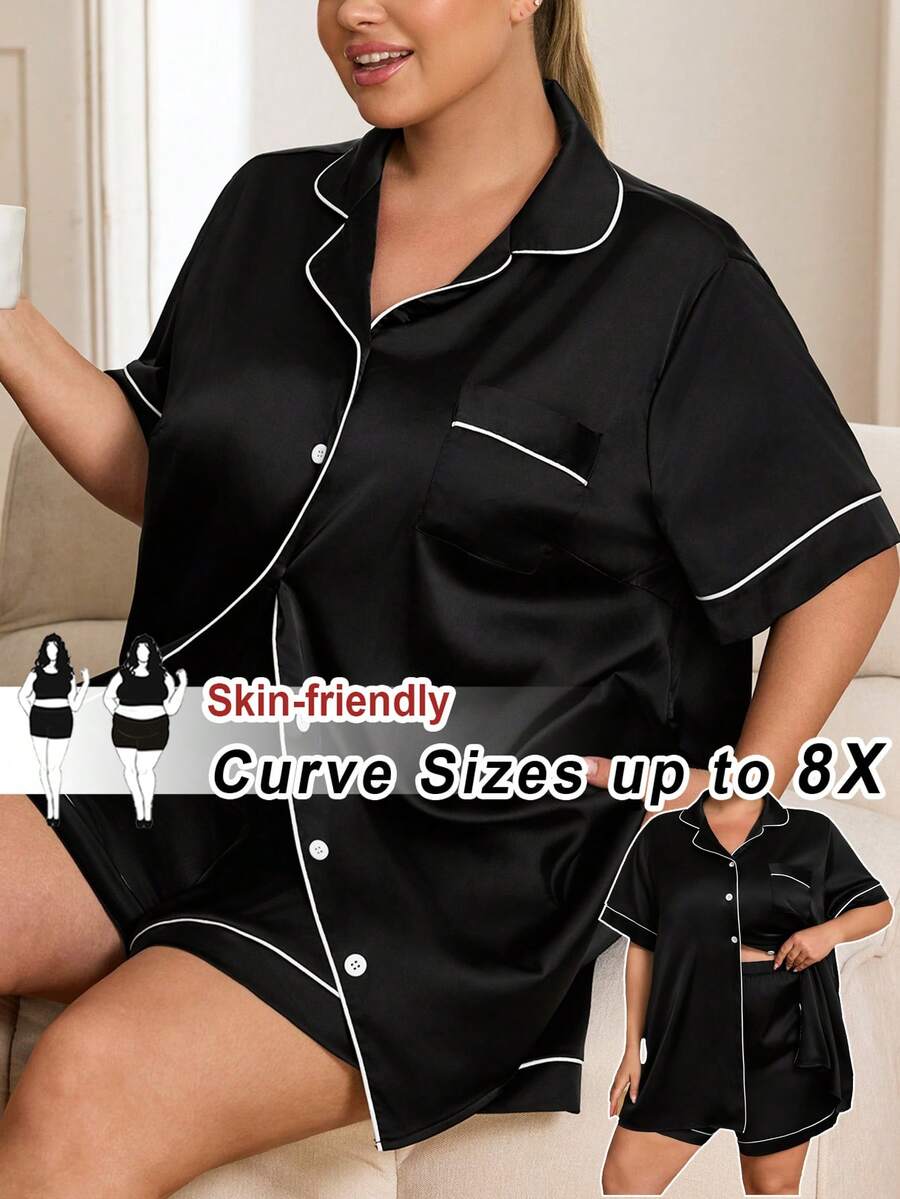 SHEIN CURVE+ 大码女装两件套：短袖衬衫和短裤 - 黑色 - 查看 1