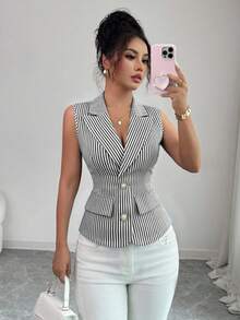 GlowEve 女士条纹单排扣休闲百搭通勤轻便背心外套 - 黑色 - 查看 2