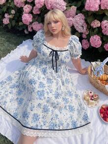Lyrianda Plus Size Romantic Square Neck Waist Cinched A-Line Dress - Multicolor - View 5