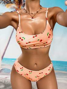 Swim Mod Plaid & Cherry Print Spaghetti Strap Bikini Swimwear - Orange - View 4
