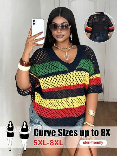 SHEIN CURVE+ Maglione oversize da donna, stile retrò di lusso per vacanze estive, scollo a V, maniche corte a goccia, trama a righe arcobaleno e colori a contrasto, taglio morbido e sciolto, adatto per uso casual e quotidiano