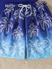 SHEIN Teen Boy White Palm Tree Silhouette Long Sleeve Top And Blue-White Ombre Color Swim Trunks Set Rash Guard For Boys Swim Wear For Teens - Blue - View 7