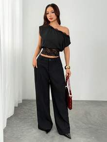 SHEIN PETITE Áo kiểu cổ lệch vai phối ren đen thanh lịch, thích hợp cho ngày Valentine, áo đen mùa hè, kiểu trễ vai, thanh lịch, xuyên thấu. - màu đen - Xem 5