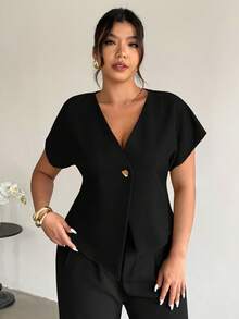 Firerie Camisa de talla grande de unicolor elegante con un solo botón en la cintura, adecuada para ir al trabajo en verano - Negro - Ver 1
