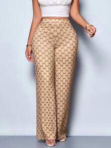 SOLERSUN 复古风格艺术印花休闲通勤裤，带口袋，春夏款 - 卡其色 - 查看 5