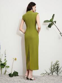 Aveloria Modichic Elegant Olive Green Summer Midi Dress,Stand Collar Sleeveless Hollow-Out Crystal Metal Buckle Straight Fitted Party Night Banquet Minimalist Dress - Army Green - View 4