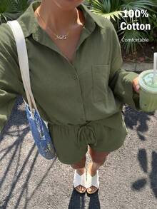 Muchica Conjunto de Camisa Trançada Branca e Shorts Casuais de Verão para Mulheres - Verde Militar - Visão 3