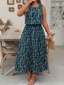 EMERY ROSE Plus Size Ditsy Floral Round Neck Casual Commute Split Hem Dress - Teal Blue - View 3