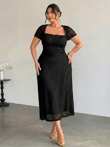 Firerie Plus Size Women's Knitted Textured A-Line Solid Color Jacquard Mesh Sexy Date Night Ruffle Side Long Dress - Black - View 7