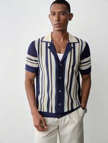 MENRIVO Men's Contrast Vertical Striped Round Neck Short Sleeve Knit Top For Summer Search Brand - Royal Blue - View 3