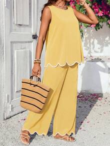 SHEIN Maternity Vacation Curved Hem Round Neck Tank Top And Adjustable Waist Pants Casual 2 Pieces Set - Yellow - View 4