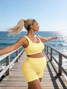 SHEIN Maternity Sports Bra And Shorts Set - Yellow - View 4
