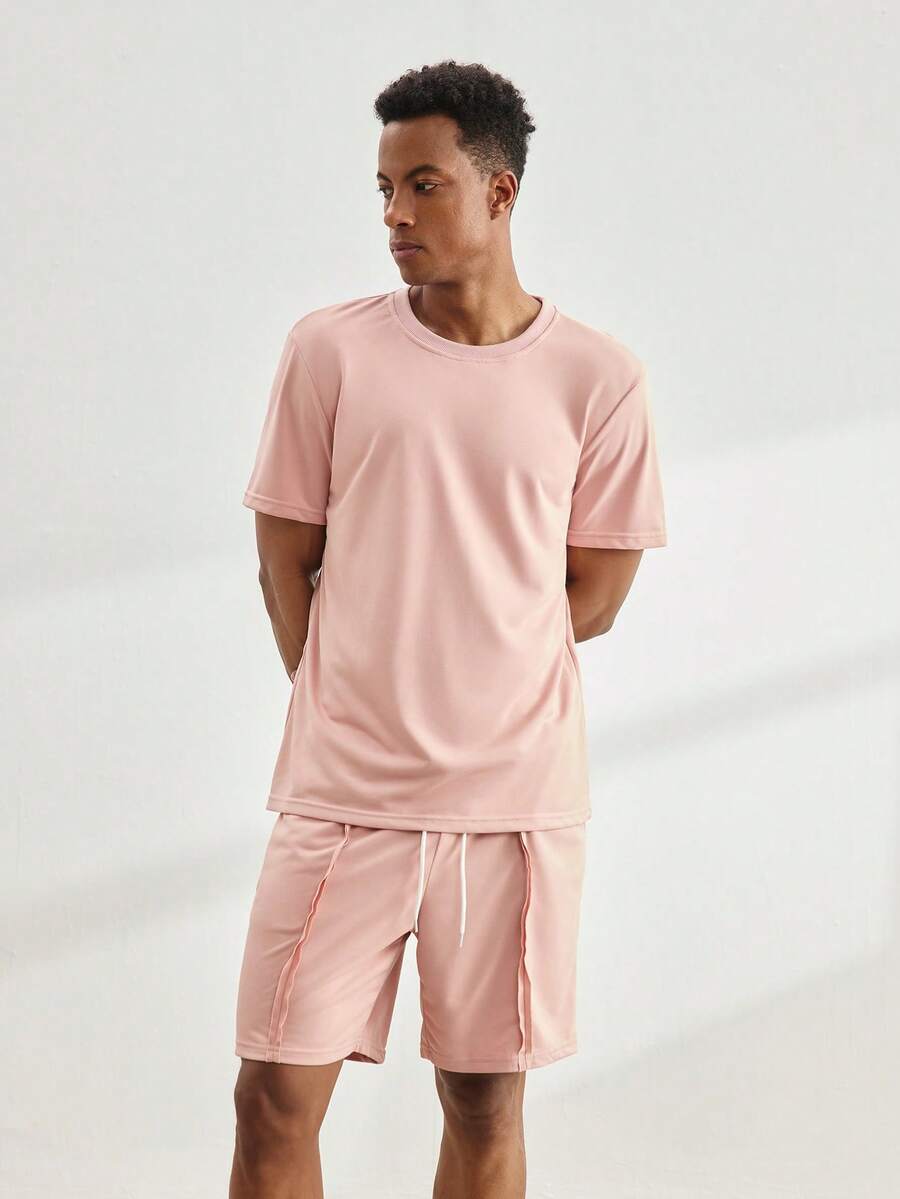 Driftmere 2pcs/Set Men's Comfortable Sweatshirt Fabric Round Neck Short Sleeve T-Shirt And Drawstring Elastic Waist Shorts, Casual For Vacation, Party, Hangout, Sports, Simple Office, Classic Spring/Summer Style Short Sleeve And Shorts Set, Bestselling Suit, Suitable For Self-Wear Or Gift To Friends Father's Day – A Fathers Day Gift Guide - Pink - View 1