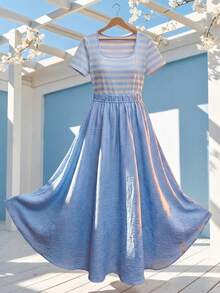 Franclia Robe décontractée à manches courtes ajustée pour femmes grandes tailles - Bleu ciel - Voir 6