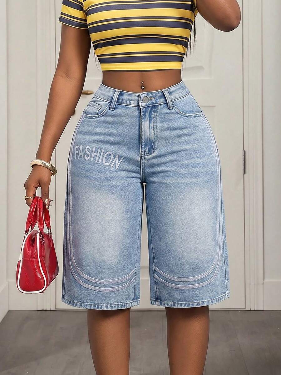 Slaydiva Women's Letter Embroidered Pocket Loose Casual Basic Wide Leg Cropped Jeans Swimming White Summer - Light Wash - View 1