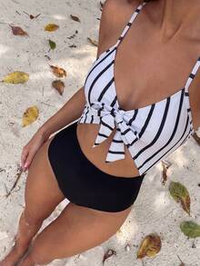 Sunnyshic 女式条纹镂空腰细肩带黑白连体泳衣，适合游泳、度假、夏季海滩 - 黑與白 - 查看 3