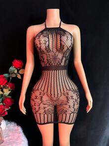 Women's Sexy Hollow Out Mesh Halter Backless Sleeveless Bodycon Mini Dress - Black - View 6