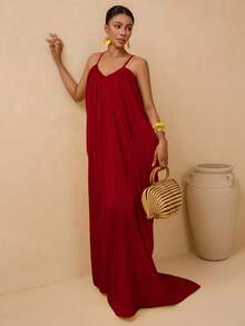 Vesra Spaghetti Strap Deep V-Neck Backless Pleated Dress With Draped Tail, Sexy & Elegant - Red - View 7
