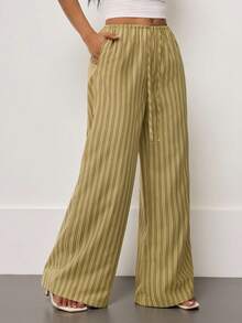 SHEIN PETITE 条纹抽绳阔腿裤 可爱夏季度假休闲优雅沙滩亚麻风长裤 女士办公着装 春季女装 - 綠色 - 查看 7