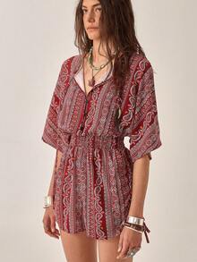 Bộ áo liền quần kiểu bohemian họa tiết dây rút cho kỳ nghỉ hè trên bãi biển - Màu Đỏ Sâu - Xem 5
