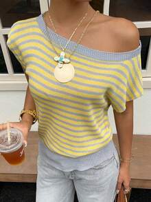 SHEIN EZwear Áo len nữ cổ lệch, kẻ sọc, kiểu dáng thường ngày. - Nhiều màu - Xem 8