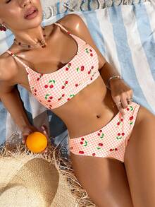 Swim Mod Plaid & Cherry Print Spaghetti Strap Bikini Swimwear - Orange - View 1